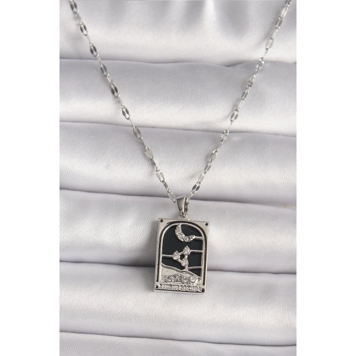 316L Çelik Gümüş Renk Zirkon Taşlı  Ay Figürlü Taror Model Kadın Kolye - TJ-BKO9685