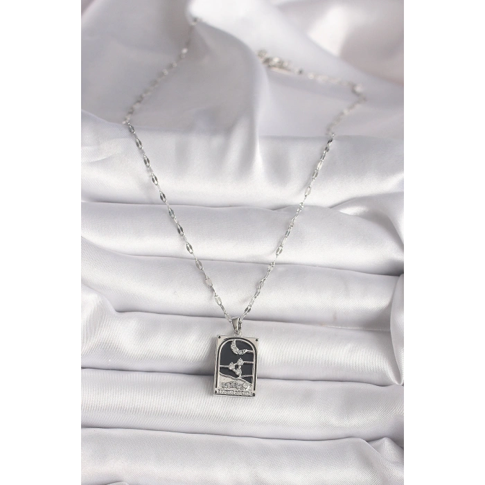 316L Çelik Gümüş Renk Zirkon Taşlı  Ay Figürlü Taror Model Kadın Kolye - TJ-BKO9685