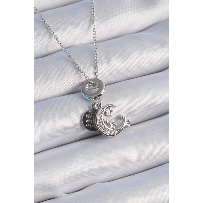 316L Çelik Gümüş Renk Zirkon Taşlı Ay Yıldız  Figür Charm Model Kadın Kolye - TJ-BKO9311