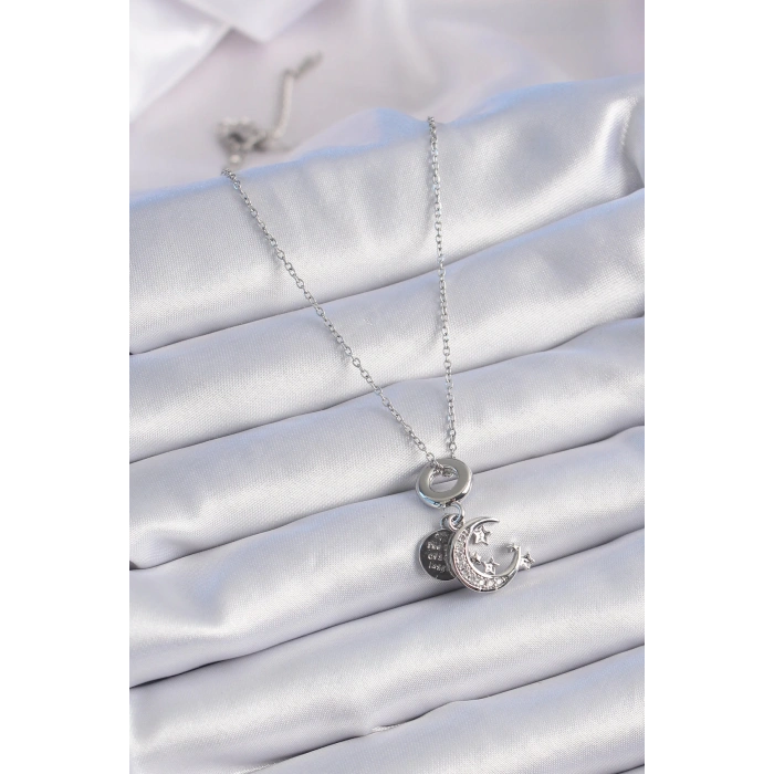 316L Çelik Gümüş Renk Zirkon Taşlı Ay Yıldız  Figür Charm Model Kadın Kolye - TJ-BKO9311