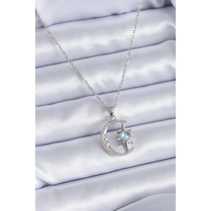 316L Çelik Gümüş Renk Zirkon Taşlı Ay Yıldız Model Kadın Kolye - TJ-BKO7689