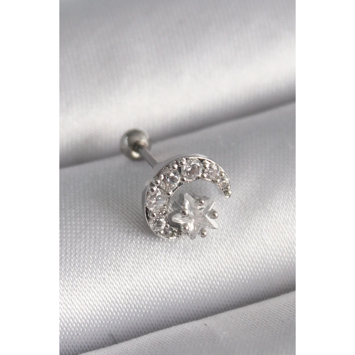 316L Çelik Gümüş Renk Zirkon Taşlı Ay Yıldız Tragus Piercing - TJ-PR1257
