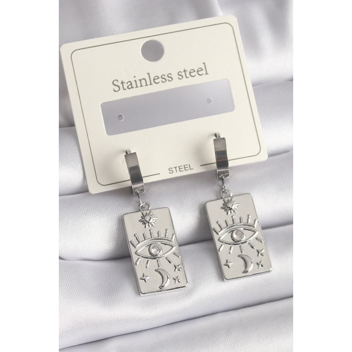 316L Çelik Gümüş Renk Zirkon Taşlı Göz İşleme Detaylı Plaka Model Kadın Küpe - TJ-BKP9699