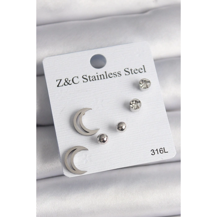 316L Çelik Gümüş Renk Zirkon Taşlı Hilal Model Kadın Küpe Seti - TJ-BKP10010