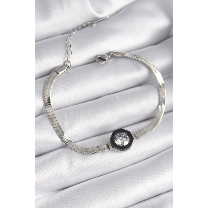 316L Çelik Gümüş Renk Zirkon Taşlı İtalyan Zincir Model Kadın Bileklik - TJ-BB6479