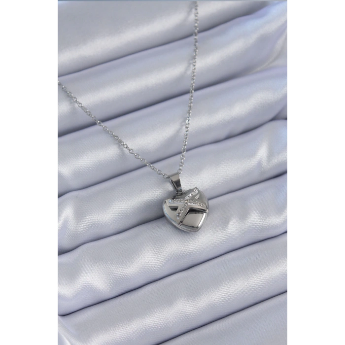 316L Çelik Gümüş Renk Zirkon Taşlı Kalp Model Kadın Kolye - TJ-BKO7627