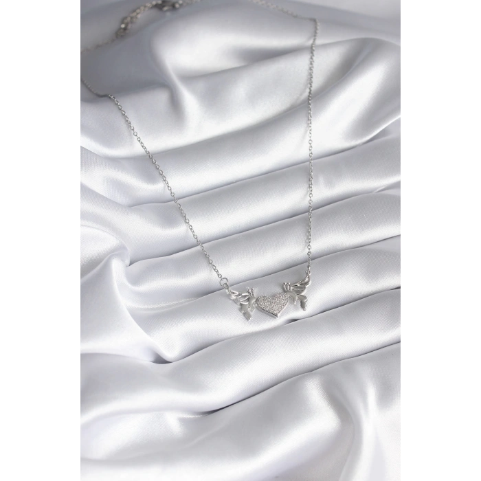 316L Çelik Gümüş Renk Zirkon Taşlı Kanat Kalp Model Kadın Kolye - TJ-BKO8289