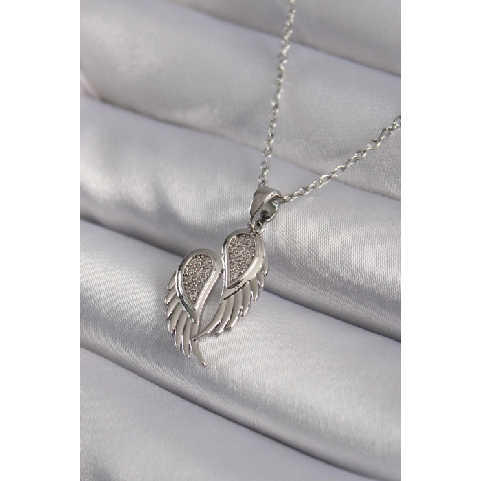 316L Çelik Gümüş Renk Zirkon Taşlı Kanat Model Kadın Kolye - TJ-BKO8347