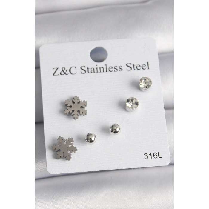 316L Çelik Gümüş Renk Zirkon Taşlı Kar Tanesi Model Kadın Küpe Seti - TJ-BKP10014