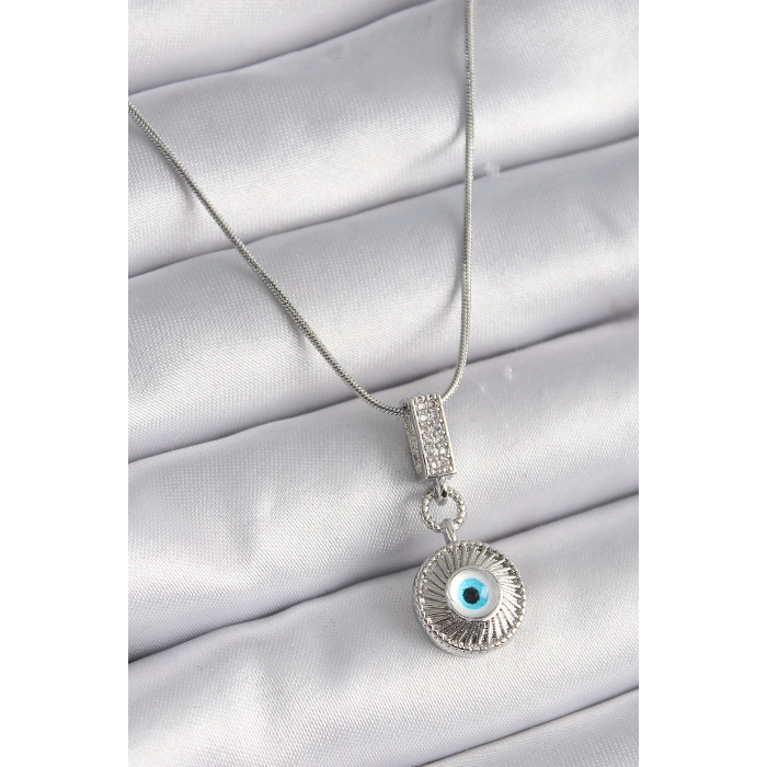 316L Çelik Gümüş Renk Zirkon Taşlı Nazar Boncuk Model Kadın Kolye - TJ-BKO9523