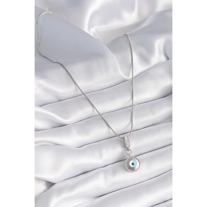 316L Çelik Gümüş Renk Zirkon Taşlı Nazar Boncuk Model Kadın Kolye - TJ-BKO9523