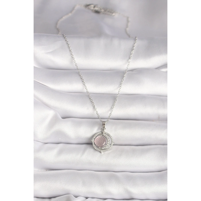 316L Çelik Gümüş Renk Zirkon Taşlı Pembe Sedefli Hilal Model Kadın Kolye - TJ-BKO9701
