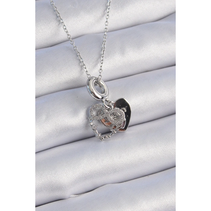 316L Çelik Gümüş Renk Zirkon Taşlı Sonsuzluk Kalp Figür Charm Model Kadın Kolye - TJ-BKO9309