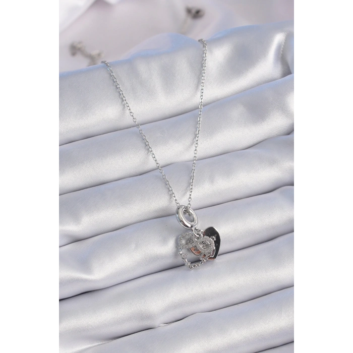 316L Çelik Gümüş Renk Zirkon Taşlı Sonsuzluk Kalp Figür Charm Model Kadın Kolye - TJ-BKO9309