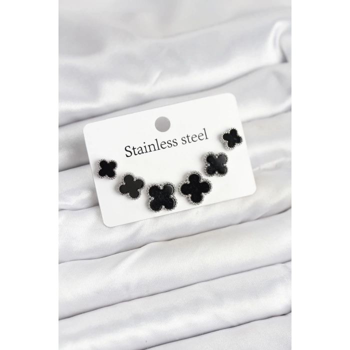 316L Çelik Gümüş Siyah Renk 3 Boy Yonca Küpe Seti - TJ-BKP11234