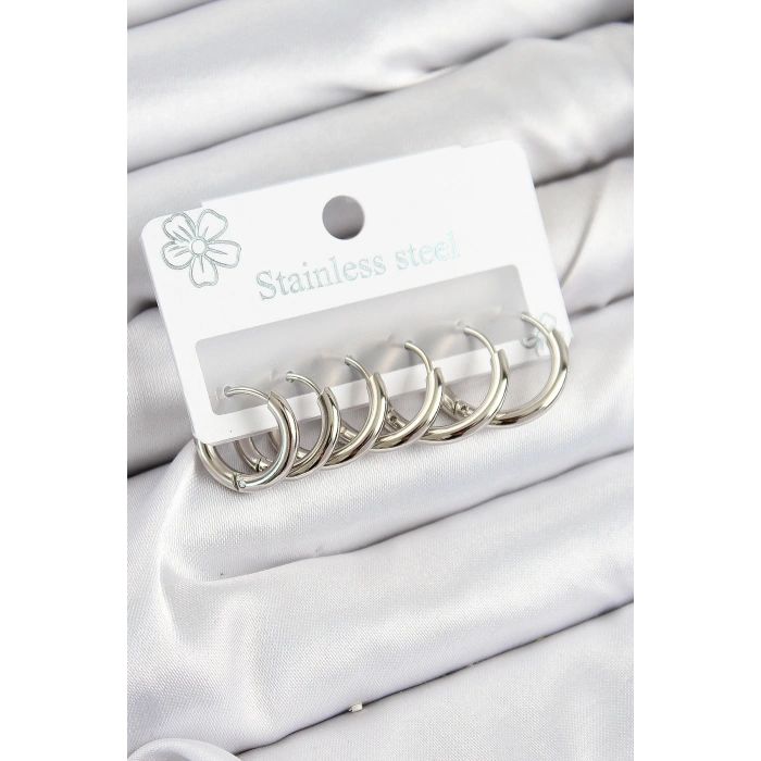 316L Çelik Halka Model Gümüş Renk 3lü Set Kadın Küpe - TJ-BKP10984