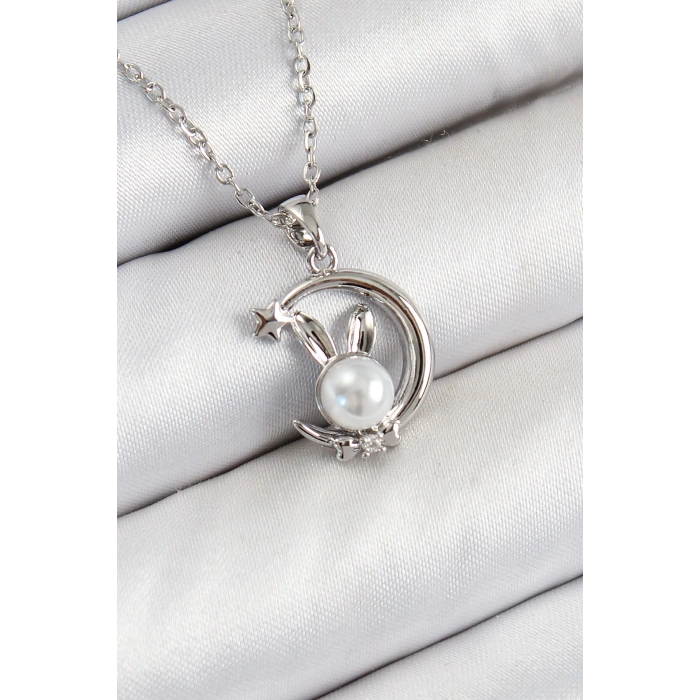 316L Çelik İnci Detaylı Hilal Tavşan Model Gümüş Renk Kadın Kolye - TJ-BKO10348