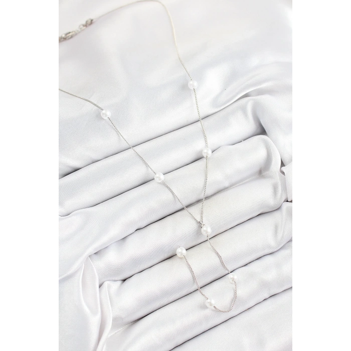 316L Çelik İnci Figürlü Y Model Gümüş Renk Kadın Kolye - TJ-BKO10337