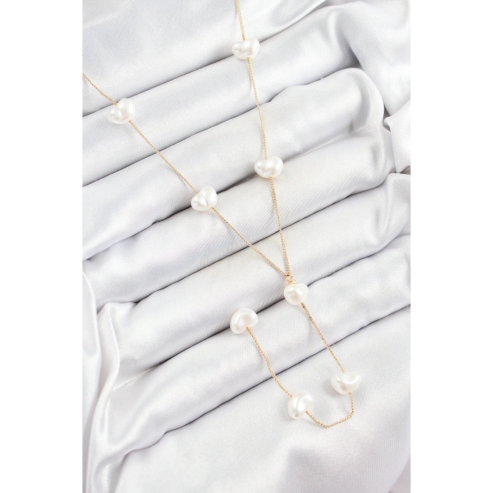 316L Çelik İncili Kalp Figürlü Y Model Gold Renk Kadın Kolye - TJ-BKO10335