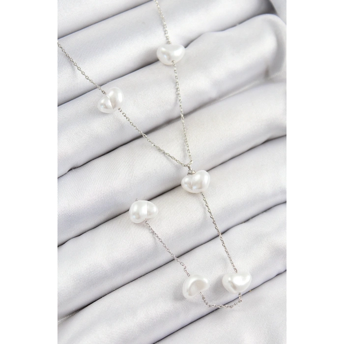 316L Çelik İncili Kalp Figürlü Y Model Gümüş Renk Kadın Kolye - TJ-BKO10336