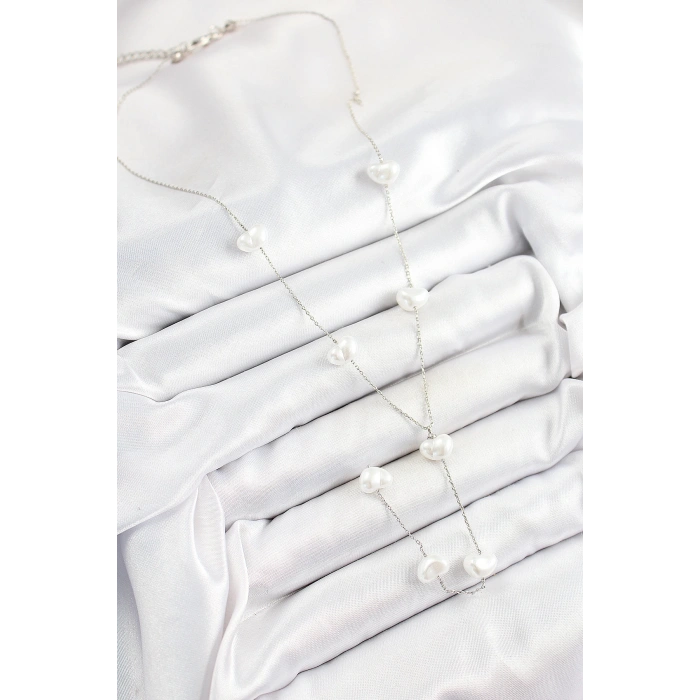 316L Çelik İncili Kalp Figürlü Y Model Gümüş Renk Kadın Kolye - TJ-BKO10336