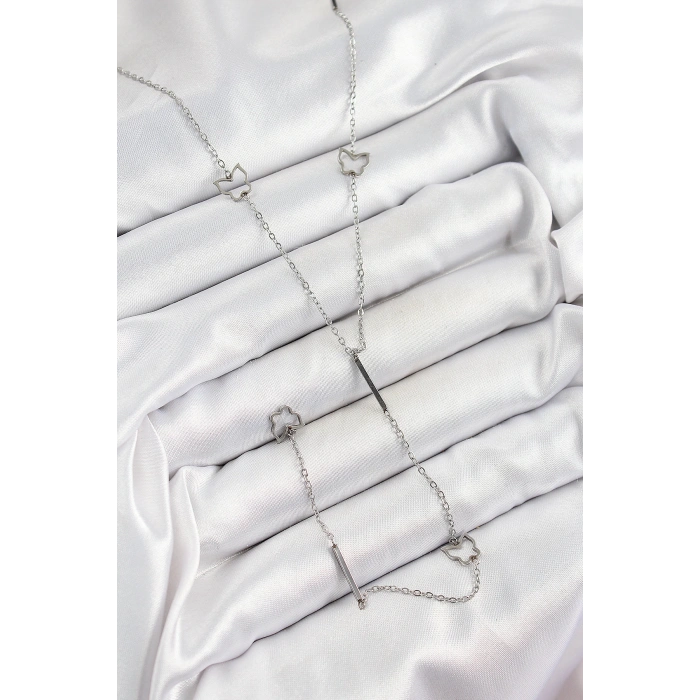 316L Çelik Kelebek Figürlü Y Model Gümüş Renk Kadın Kolye - TJ-BKO10330