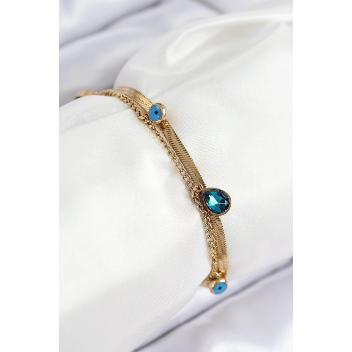 316L Çelik Nazar Boncuk Detaylı Mavi Zirkon Taşlı Model İtalyan Zincir Gold Renk Kadın Bileklik - TJ-BB7828