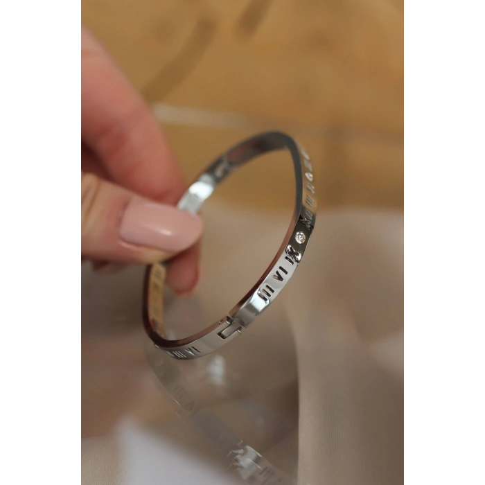 316L Çelik Roma Rakamlı Silver Renk Bilezik Kelepçe - TJ-BB3566