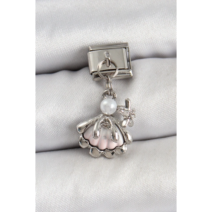316L Çelik Sallantılı İnci Detaylı İstiridye Model Gümüş Renk Nomination Charm - TJ-BC1453