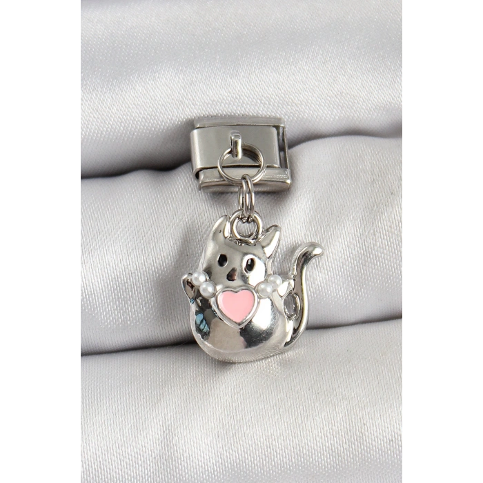316L Çelik Sallantılı Kalp Detaylı Kedi Model Gümüş Renk Nomination Charm - TJ-BC1460
