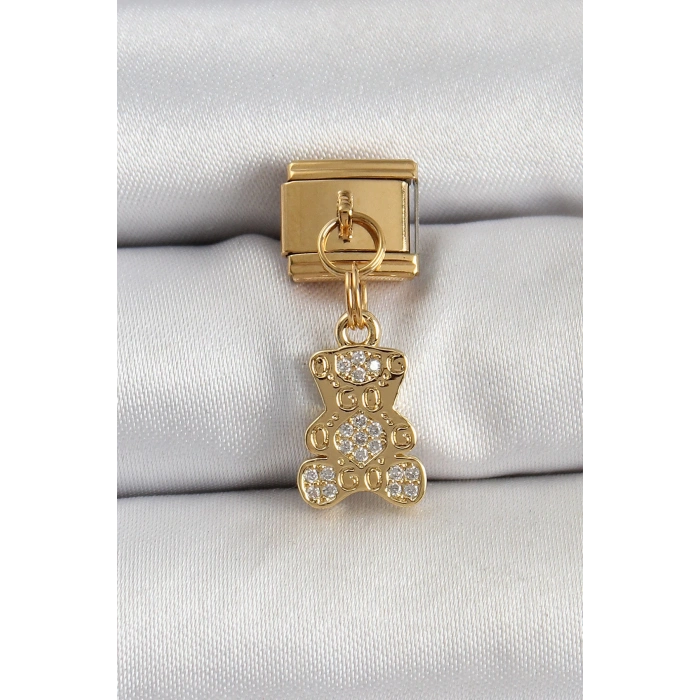316L Çelik Sallantılı Zirkon Taşlı Ayıcık Model Gold Renk Nomination Charm - TJ-BC1413