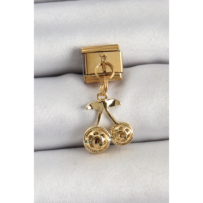 316L Çelik Sallantılı Zirkon Taşlı Fiyonk Model Gold Renk Nomination C316L Çelik Sallantılı Kiraz Model Gold Renk Nomination Charm - TJ-BC1425