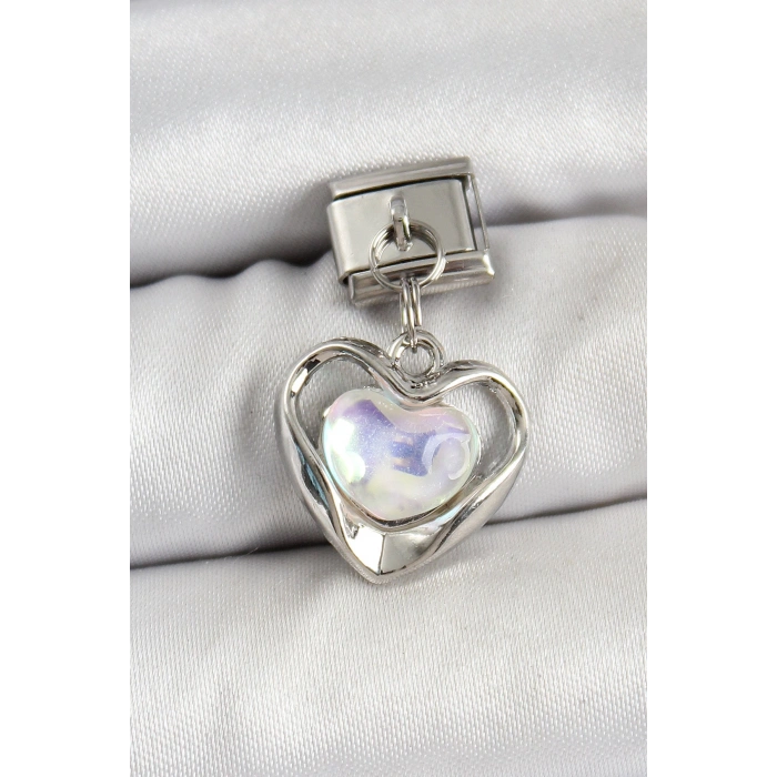 316L Çelik Sallantılı Zirkon Taşlı Kalp Model Gümüş Renk Nomination Charm - TJ-BC1461