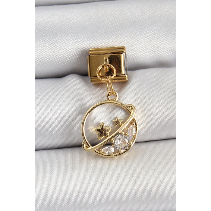 316L Çelik Sallantılı Zirkon Taşlı Satürn Model Gold Renk Nomination Charm - TJ-BC1418