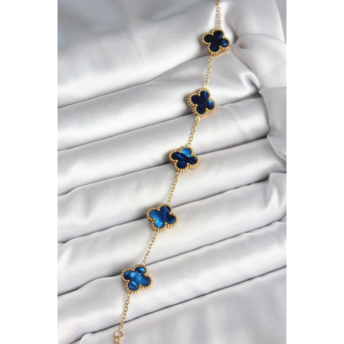 316L Çelik Sedefli Lacivert Gold Renk Yonca Kadın Bileklik - TJ-BB6964