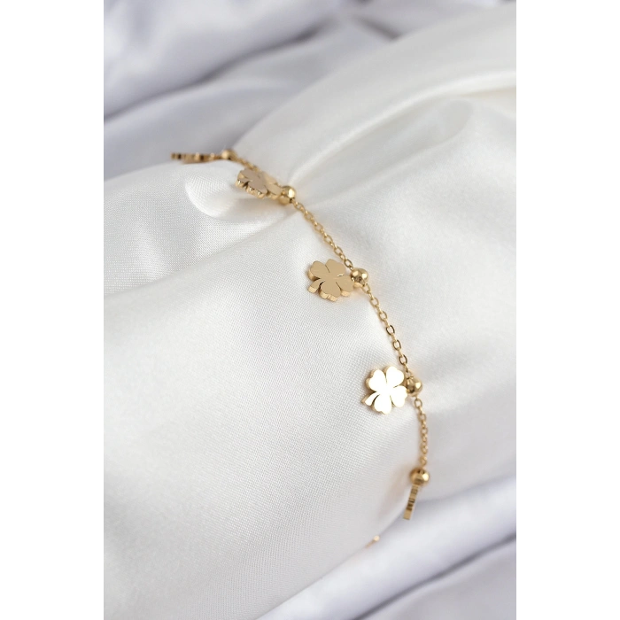 316L Çelik Sıralı Yonca Model Gold Renk Kadın Bileklik - TJ-BB7824