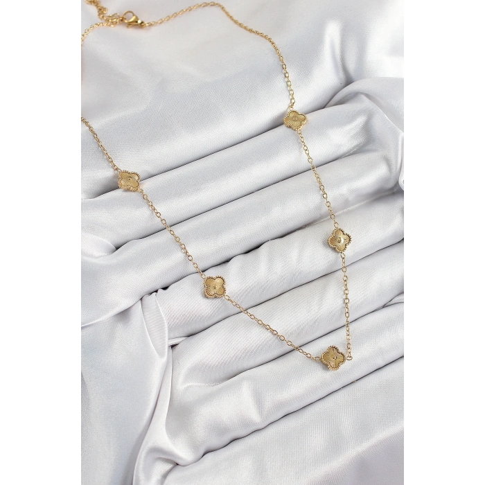316L Çelik Yonca Model Gold Renk Kadın Kolye - TJ-BKO10378