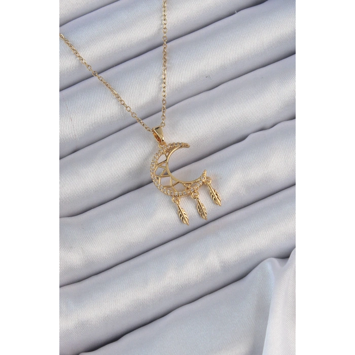 316L Çelik Zincir Altın Renk İşlemeli Zirkon Taşlı Ay Kolye - TJ-BKO9171