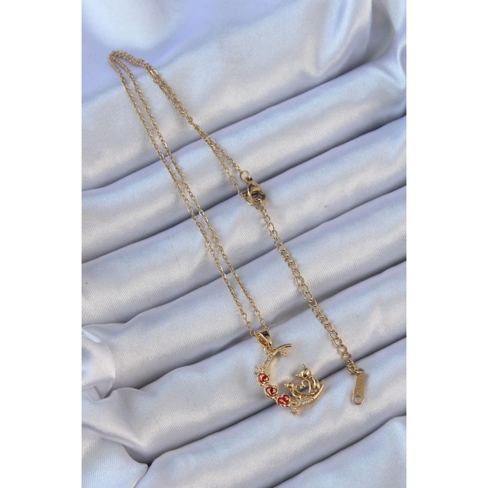 316L Çelik Zincir Altın Renk Kırmızı Gül Detay Kedi Figür Zirkon Taşlı Ay Kolye - TJ-BKO9129