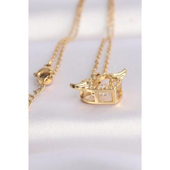 316L Çelik Zincir Altın Renk Zirkon Taşlı Kanatlı Kalp Kolye - TJ-BKO8628