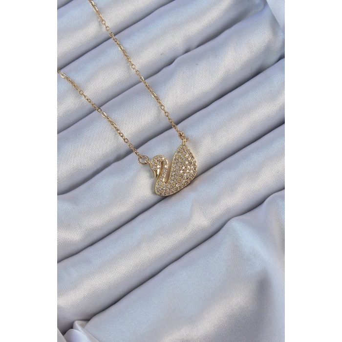 316L Çelik Zincir Altın Renk Zirkon Taşlı Kuğu Kolye - TJ-BKO9149