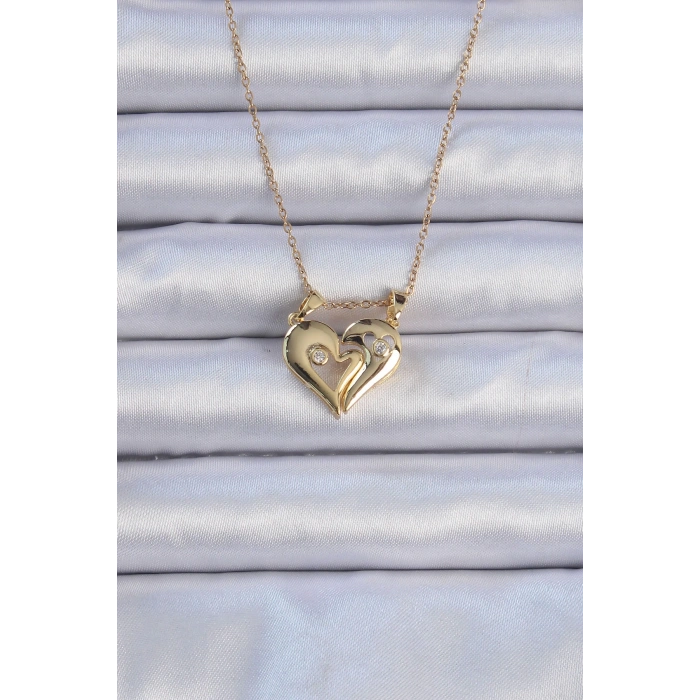 316L Çelik Zincir Altın Renk Zirkon Taşlı Mıknatıslı Kalp Kolye - TJ-BKO9081