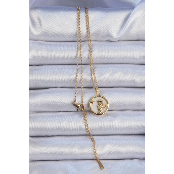 316L Çelik Zincir Altın Renk Zirkon Taşlı Mineli Melek Kolye - TJ-BKO9085