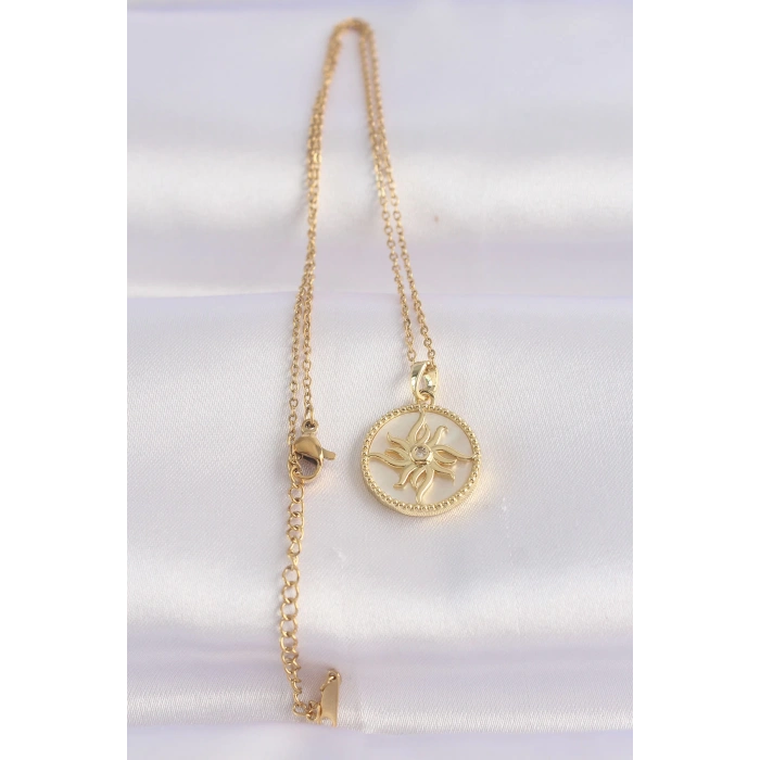 316L Çelik Zincir Altın Renk Zirkon Taşlı Oval Tasarım Güneş Kolye - TJ-BKO8653