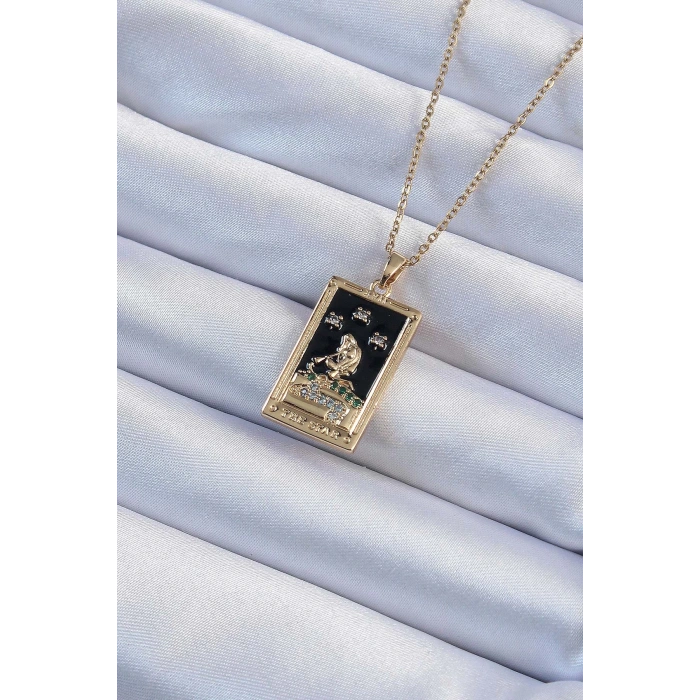 316L Çelik Zincir Altın Renk Zirkon Taşlı Siyah Mineli Kız Figürlü Tarot Kolye - TJ-BKO9227