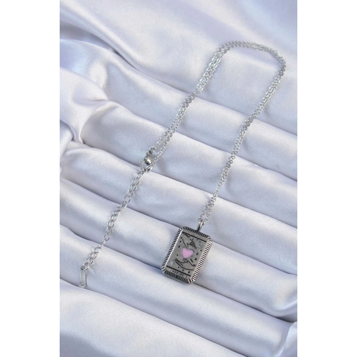 316L Çelik Zincir Eskitme Gümüş Renk Pembe Mineli Kalp Figürlü Tarot Kolye - TJ-BKO9232