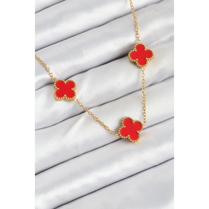 316L Çelik Zincir Gold Kırmızı Renk Yonca Kadın Kolye - TJ-BKO10585