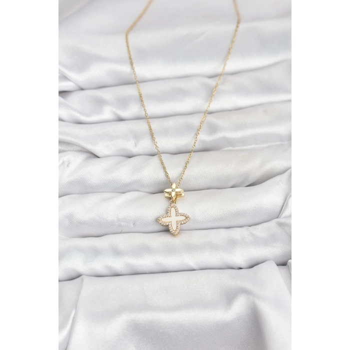 316L Çelik Zincir Gold Renk 4 Yapraklı Yonca Model Zirkon Taşlı Kadın Kolye - TJ-BKO10889