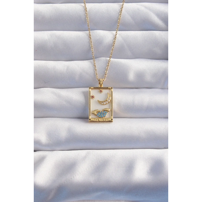 316L Çelik Zincir Gold Renk Ay Detay Mavi Zirkon Taşlı Tarot Kolye - TJ-BKO8980
