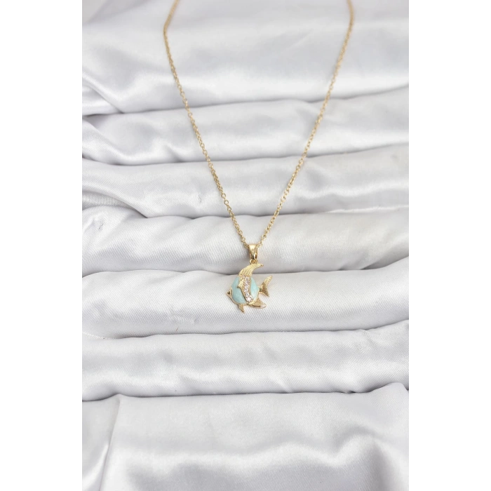 316L Çelik Zincir Gold Renk Balık Model Zirkon Taşlı Kadın Kolye - TJ-BKO10846